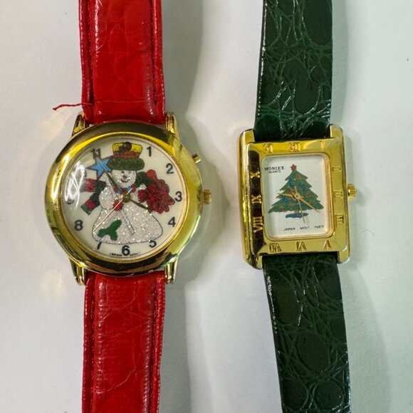 Set of 2 Vtg.Cardini Quartz Holiday Snowman & Moniex Christmas Tree Analog Watch - Picture 2 of 16